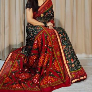 Women's Linen Printed Saree With Unstitched Blouse - 5.5 Mtr (Green-Red)