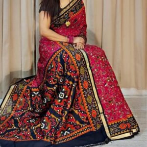 Women's Linen Printed Saree With Unstitched Blouse - 5.5 Mtr (Pink-Navy Blue)