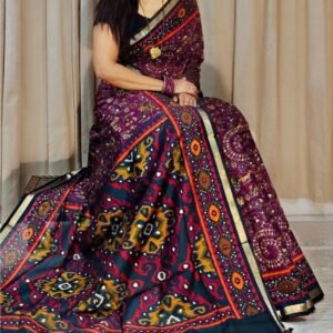 Women's Linen Printed Saree With Unstitched Blouse - 5.5 Mtr (Purple-Navy Blue)