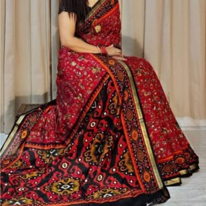 Women's Linen Printed Saree With Unstitched Blouse - 5.5 Mtr (Red-Black)