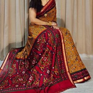 Women's Linen Printed Saree With Unstitched Blouse - 5.5 Mtr (Mustard Yellow-Red)