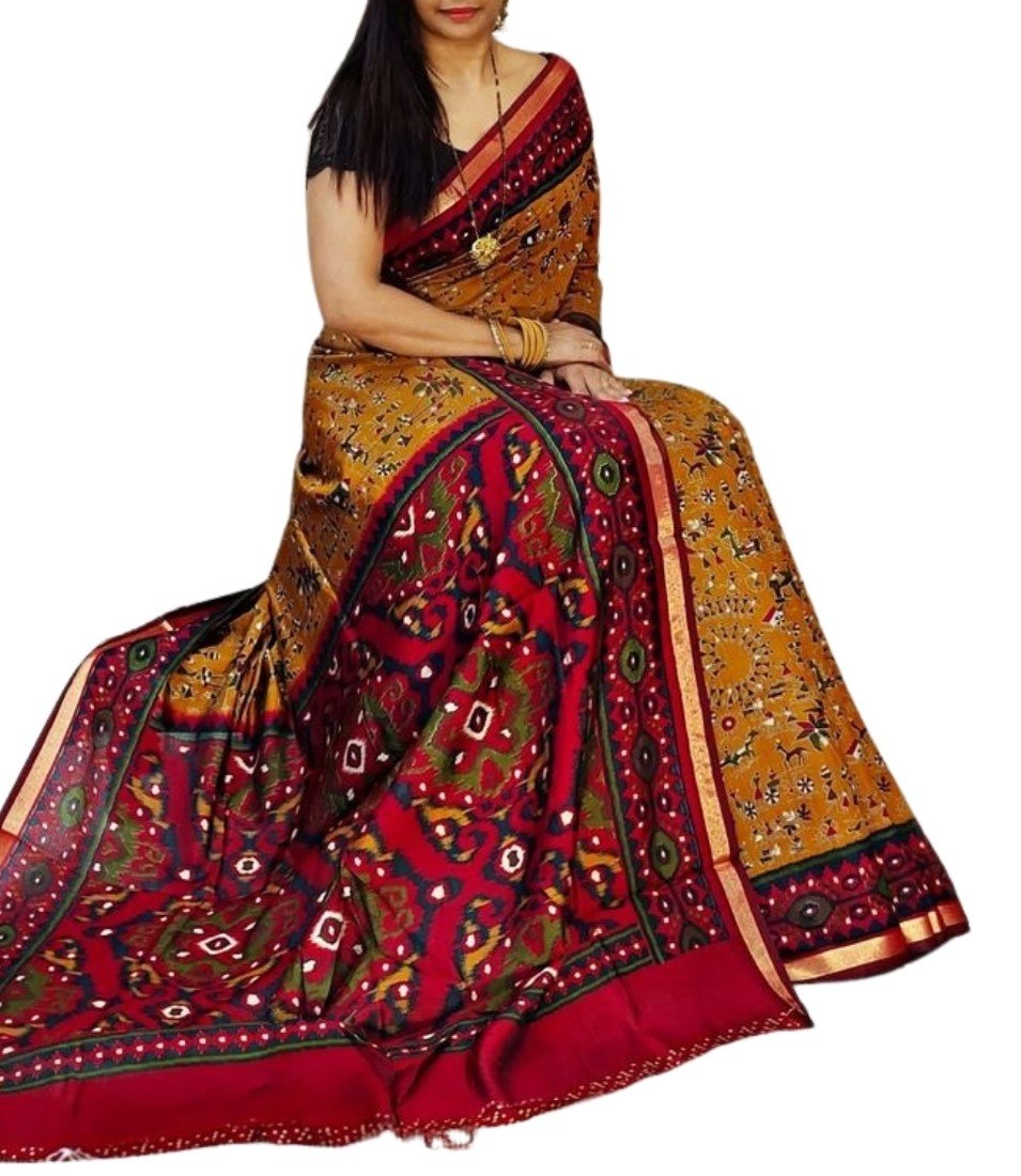 Women's Linen Printed Saree With Unstitched Blouse - 5.5 Mtr (Mustard Yellow-Red) - Image 2