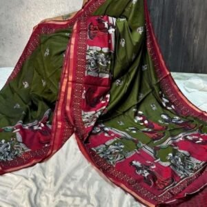 Women's Linen Kalamkari Printed Saree With Unstitched Blouse - 5.5 Mtr (Olive Green-Maroon)