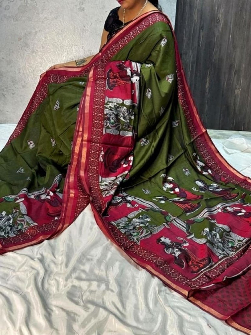 Women's Linen Kalamkari Printed Saree With Unstitched Blouse - 5.5 Mtr (Olive Green-Maroon)