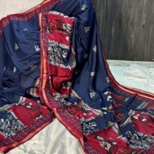 Women's Linen Kalamkari Printed Saree With Unstitched Blouse - 5.5 Mtr (Navy Blue-Maroon)