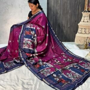 Women's Linen Kalamkari Printed Saree With Unstitched Blouse - 5.5 Mtr (Magenta-Navy Blue)