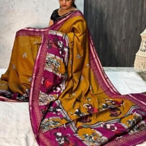 Women's Linen Kalamkari Printed Saree With Unstitched Blouse - 5.5 Mtr (Mustard Yellow-Magenta)