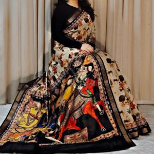 Women's Linen Kalamkari Printed Saree With Unstitched Blouse - 5.5 Mtr (Multicolor)