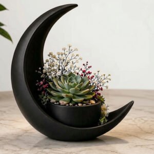 Plastic Crescent Moon Decoration With Elliptical Plant Pot (Black)