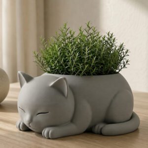 Plastic Adorable Sleeping Cat Planter (Only Planter) (Grey)