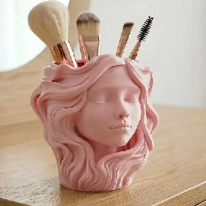 Plastic Elegant Lady Face Makeup Brush Holder (Pastel Pink)